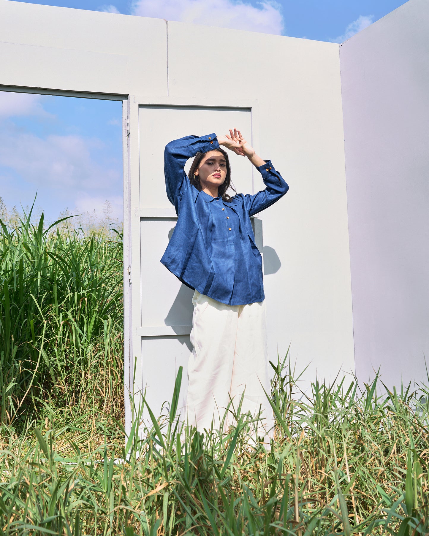 Pleated Shirt and Buttercream pants